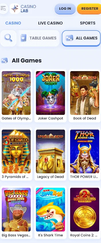 Casino Lab mobile casino games lobby