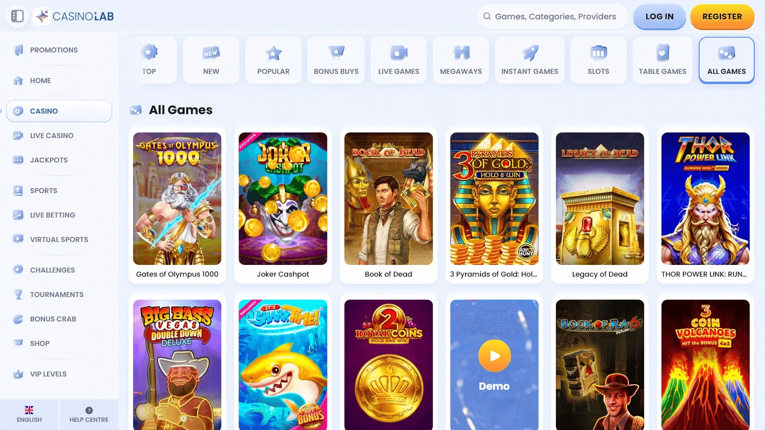 Casino Lab desktop casino games lobby